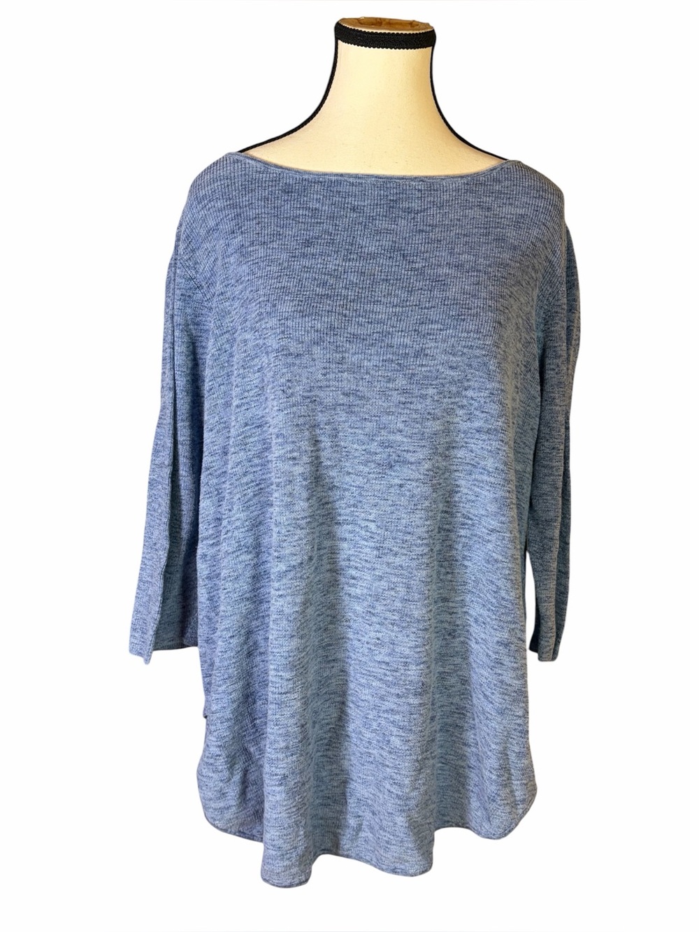 Eileen Fisher Blue Cotton ¾ Sleeve Boat Neck Lightweight Sweater Size XL
